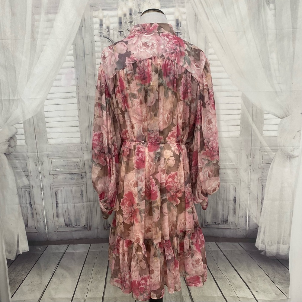 Alex Marie 24W Pink Purple Floral Long Puffed Sleeve Mock Neck Tiered Hem Dress - Picture 12 of 14